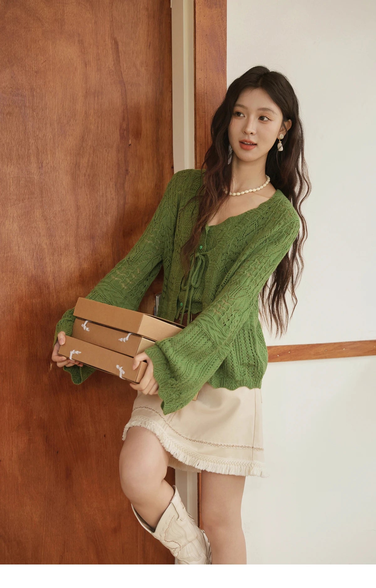 MISHOW Women's Wool Knitted Suit Autumn 2025 Flared Sleeves Lace-up Cardigan Single-breasted Camisole Two-piece Set MXE42T0717