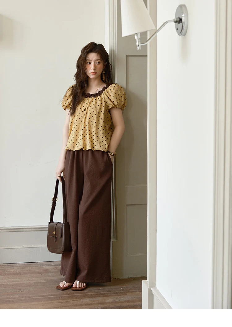 MISHOW 2025 Summer Women's Two Piece Set Polka Dot Puff Sleeve Top Casual Pocket Wide Leg Pants Set Female Clothing MXE39T0657