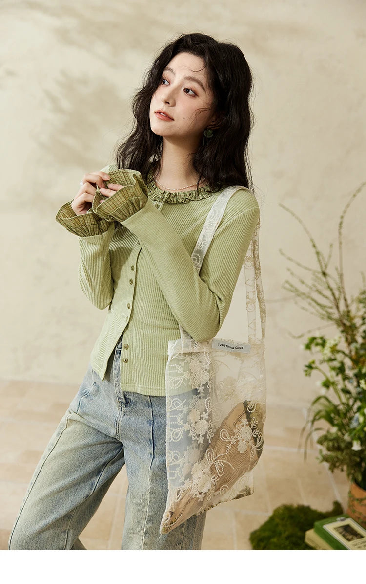 MISHOW Green Plaid Knitted Top 2025 Spring Lotus Leaf Sleeves Tees Slim Long Sleeve Curled Collar Single Breasted Top MXE14Z1152