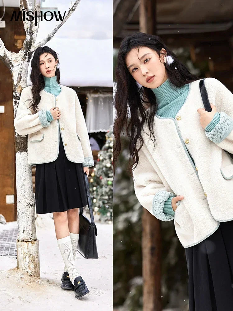 MISHOW Lamb Wool Jacket Women Cuffs Spliced Lace Metal Buttons Design Suede Plush Soft Warm Solid Leather Fur Coats MXD58W0740