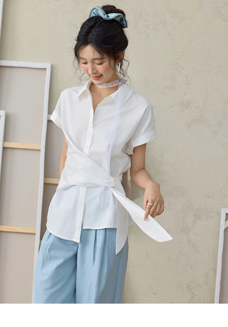 MISHOW Sea Salt Blue Wide Leg Pants 2025 Summer Contrasting Bead Belt Cotton Blend Trousers Slim Commuting Pants MXE35K0931