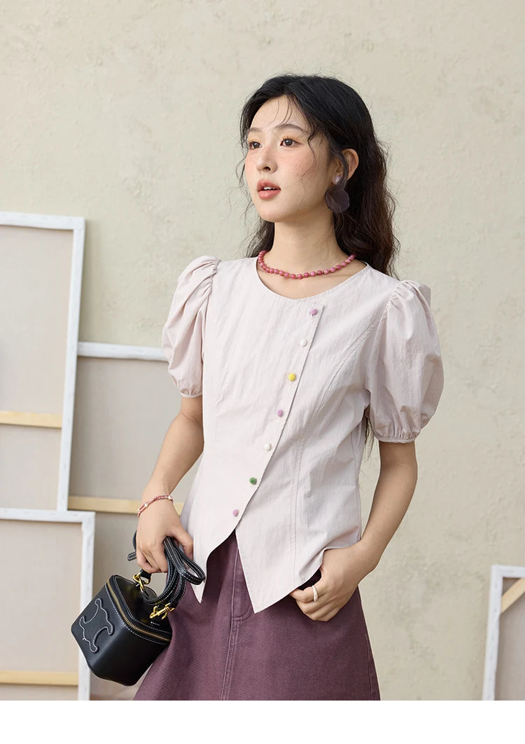 MISHOW Bubble Sleeves  Blouses for Women Summer 2025 Irregular Placket Tops Rainbow Button Solid Blouse Office Lady MXE34X1782