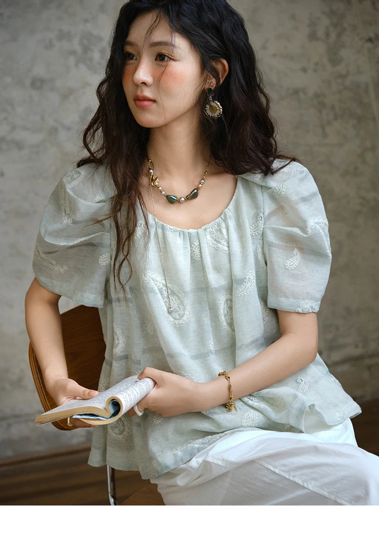 MISHOW O-Neck Blouse for Women 2025 Summer New Fashion Print Embroidery Puff Sleeve Loose Casual Top Ladies Clothing MXE34X1807