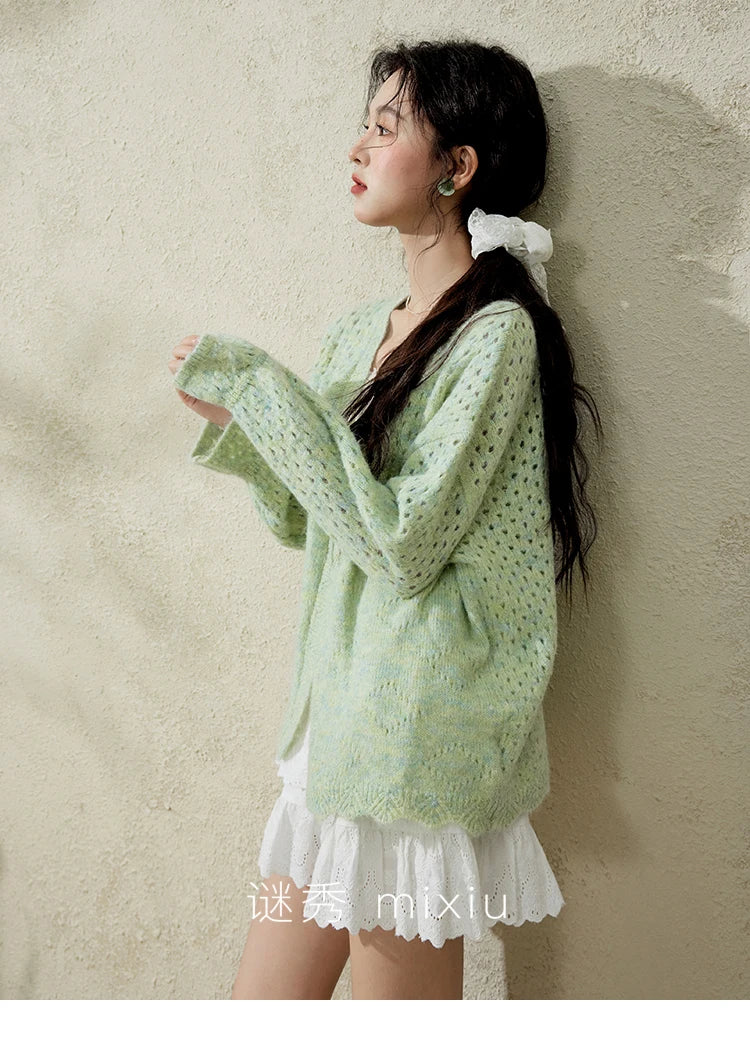 MISHOW Green Knitted Cardigan for Women Spring 2025 Loose Hollow Out Wave Neck Commuting Slim Open Stitch Cardigan MXE12Z1212