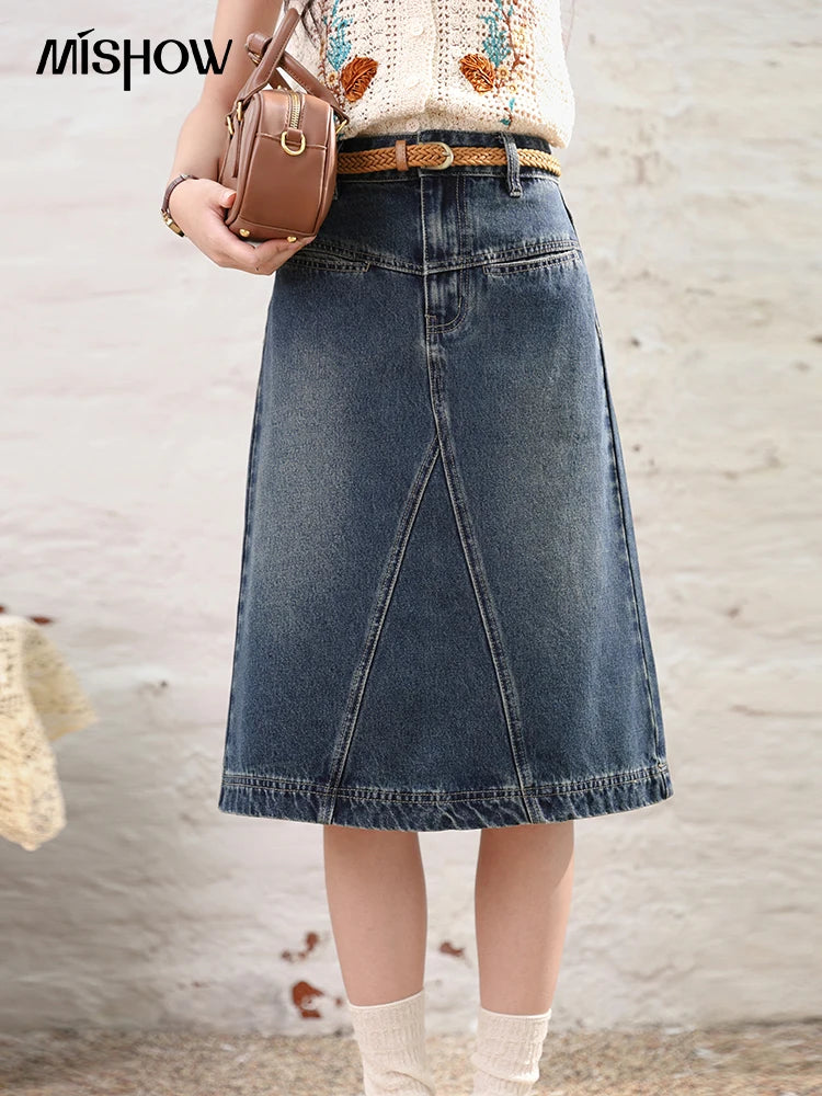 MISHOW Denim Fishtail Skirt 2024 Summer Retro Casual Love Embroidered Pockets Skirt A-line Umbrella Knee-Length Skirt MXD28B0414