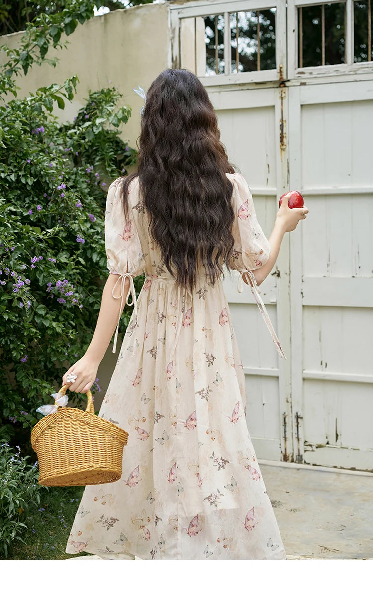 MISHOW Butterfly Printing Dress for Women 2025 Summer Luxury Elegant V-neck Lace-up Bubble Sleeves Slim Long Dress MXD15L1778