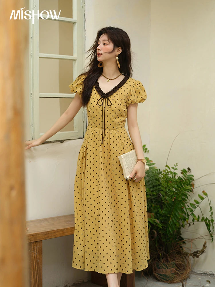 MISHOW Women's Casual Polka Dot Dress 2025 Summer New Ladies Puff Sleeve V-neck Lace Up Ruffle Edge Pocket Dresses MXE39L2326