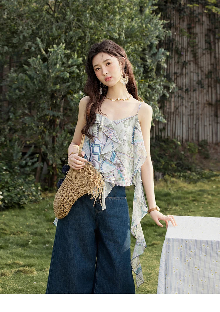 MISHOW Holiday Summer Camisole Tops Women 2025 Plaid Ruffled Layer Chiffon Floral Slimming Top Woman New Fashion MXE33X1803