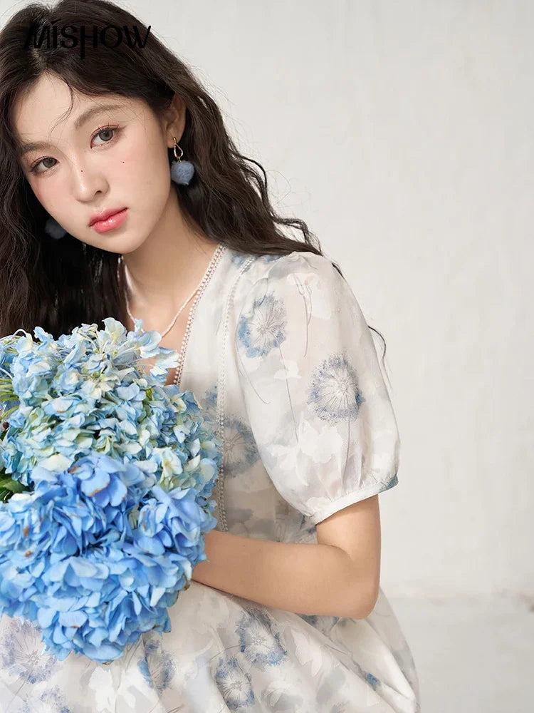 MISHOW 【Taraxacum Series】Chiffon Dress for Women 2023 Summer French Taraxacum Printing V-neck Waist Puff Sleeve Dress MXC39L1555