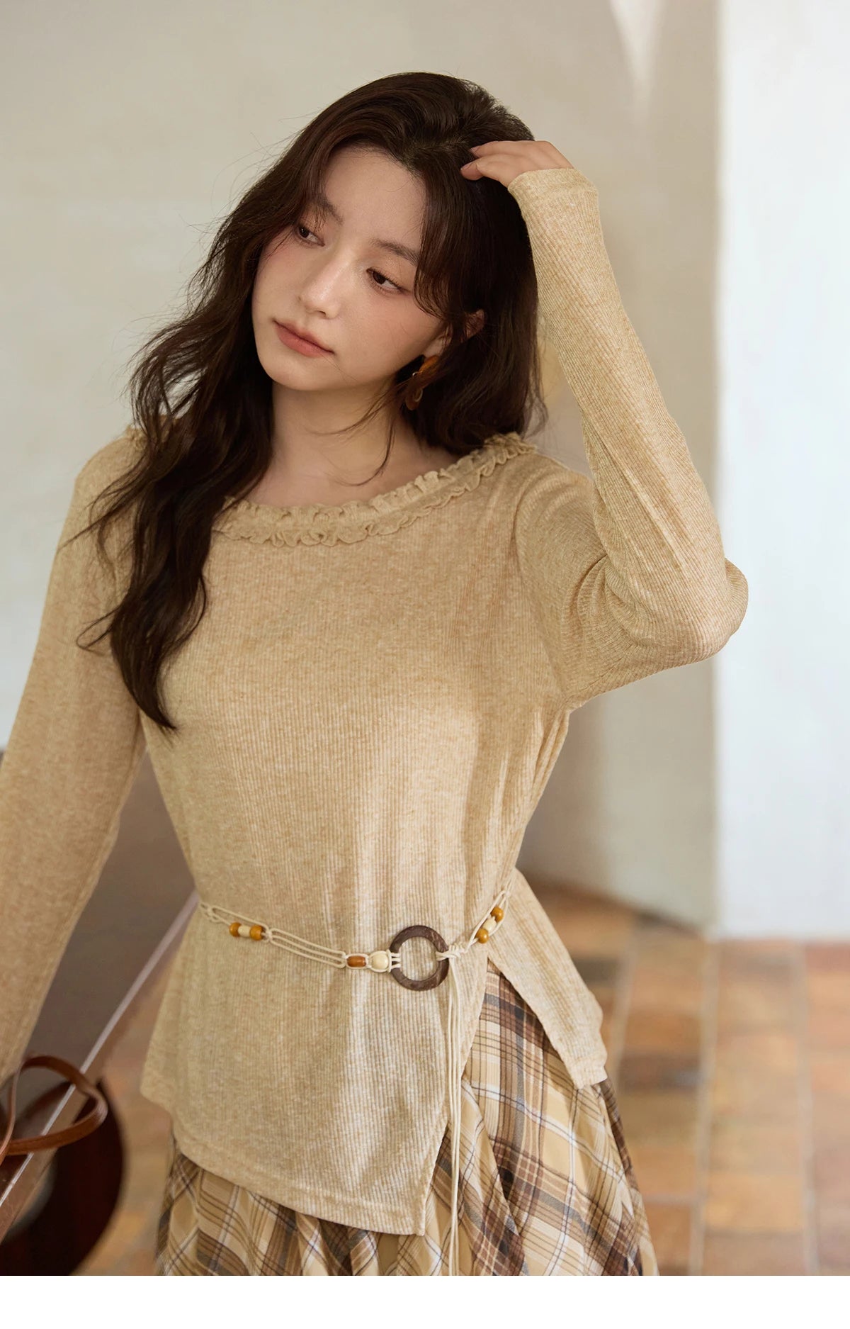 Mishow Apricot Ramie Knit Bohemian Belt Top MXE42Z1324