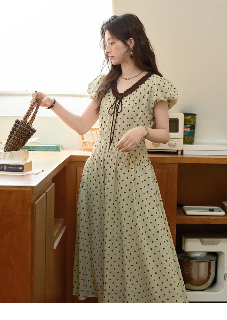 MISHOW Women's Casual Polka Dot Dress 2025 Summer New Ladies Puff Sleeve V-neck Lace Up Ruffle Edge Pocket Dresses MXE39L2326