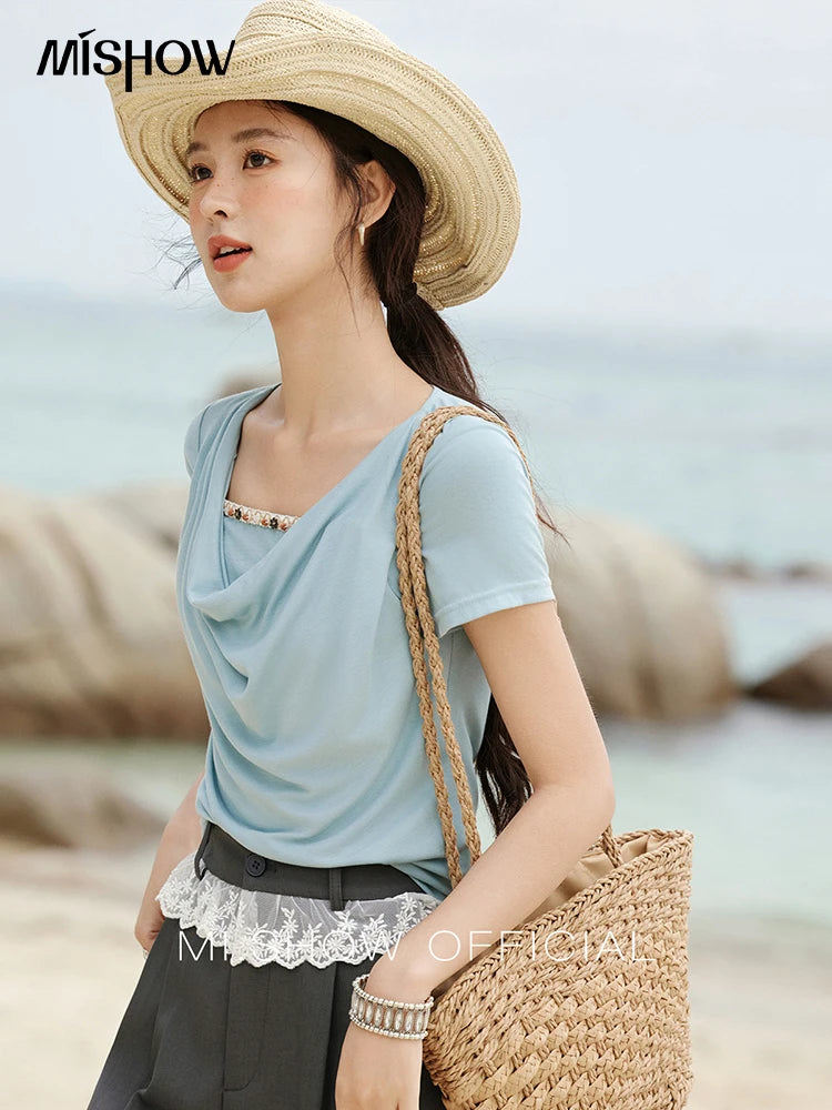 MISHOW Casual Summer Shirts Women 2025 Fashion Short Sleeve Swing Collar Solid T-shirt Female Slim Shell Ribbon Tops MXE33T0524