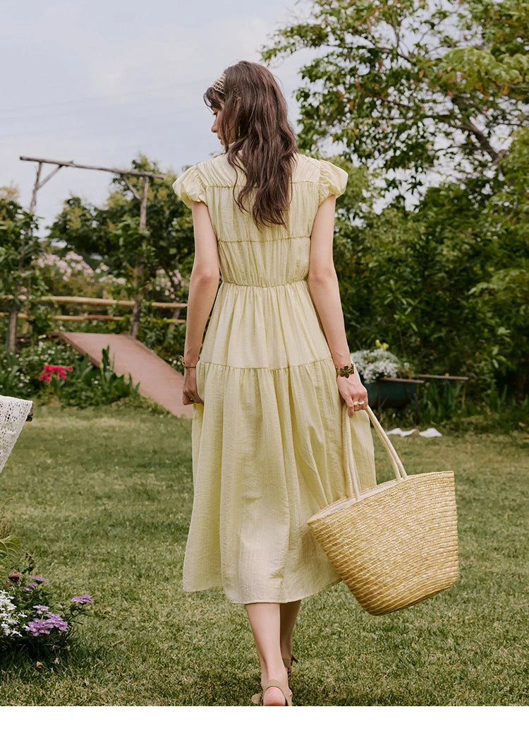 MISHOW Holiday Summer Dresses Women 2025 Solid V-neck Short Puff Sleeve Shell Ribbon High Waist Dress Woman Fashion MXE33L2193