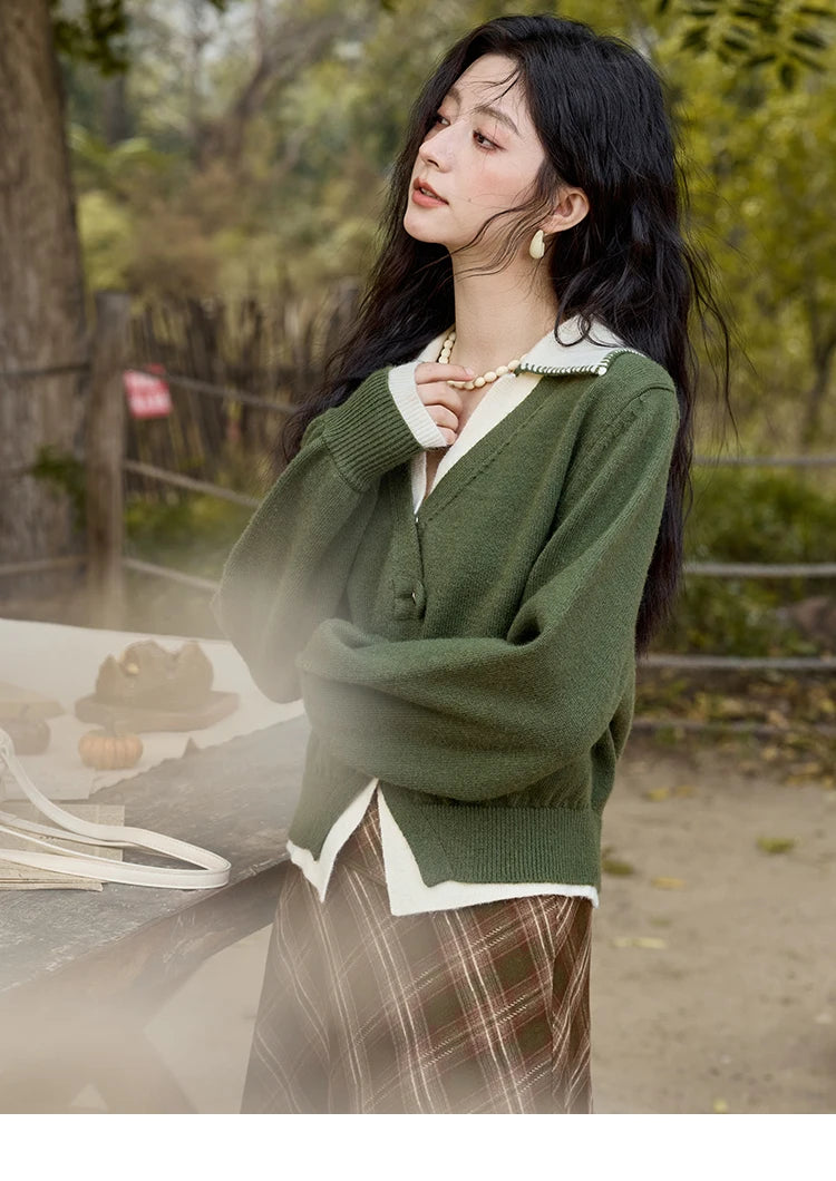 MISHOW Fake Two-piece Sweater Women Fashion Splicing Lapel Knitwear 2024 fall winter New Design Retro V-neck Cardigan MXD41Z0712