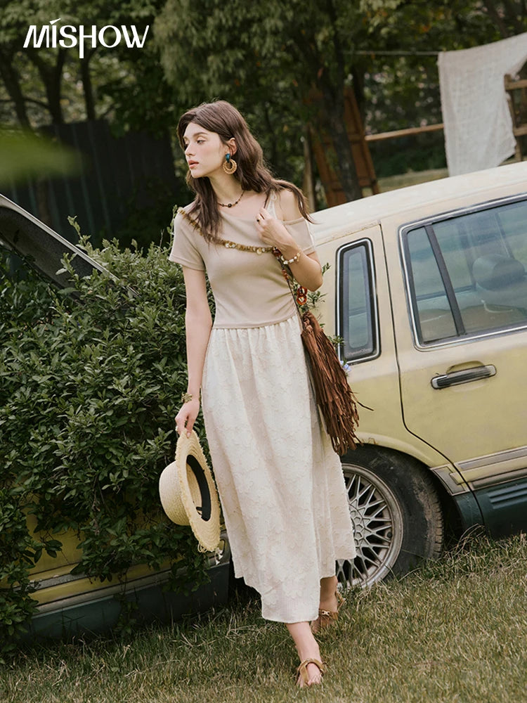 MISHOW Holiday Summer Dresses Women New 2025 Short Sleeve Off-shoulder Knitted Patchwork Midi Dress Female Slimming MXE33L2207