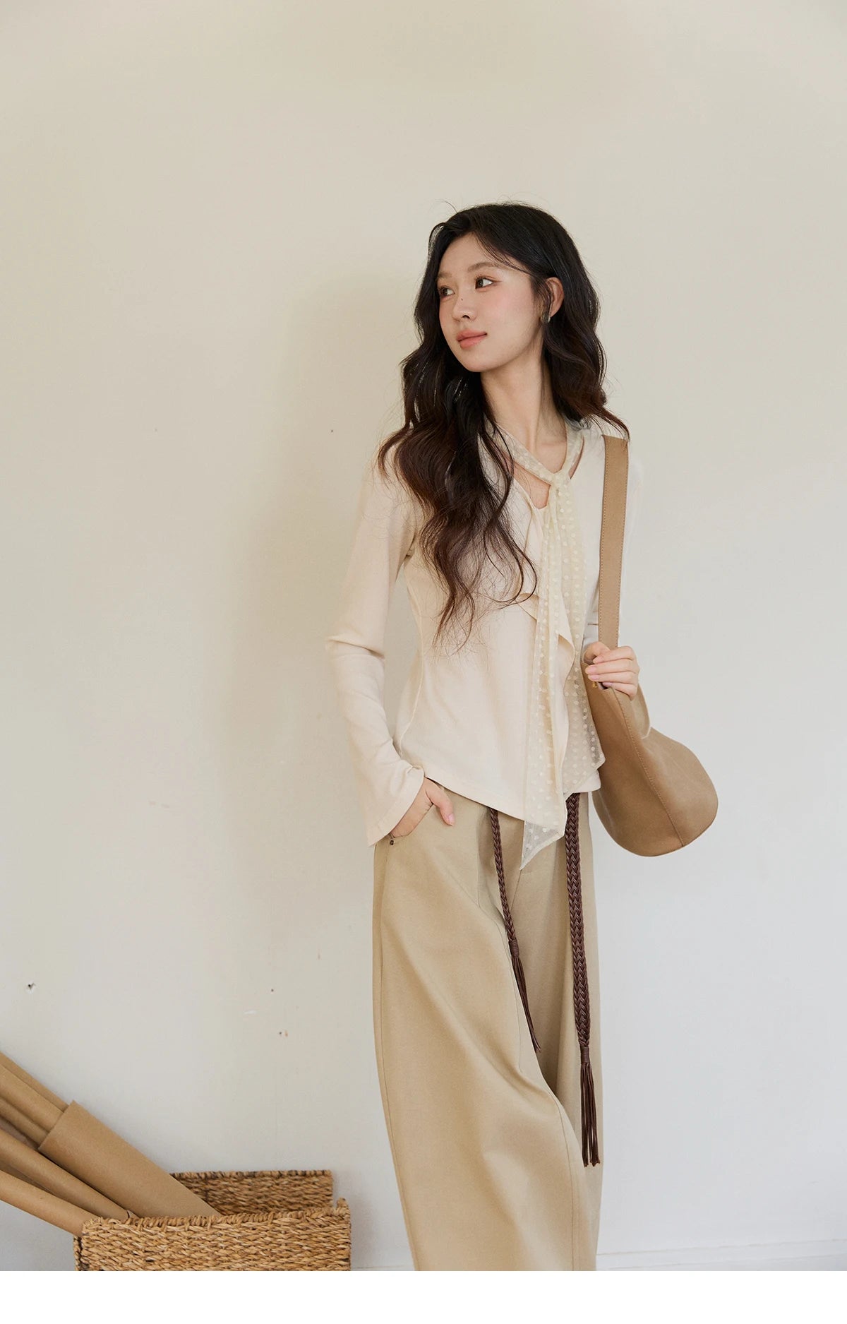 MISHOW Women's V-neck Splicing Lace Ribbon Long Sleeve Tops Spring Ruffled Asymmetrical Hem Flare Sleeve Knitwear MXF108Z1016