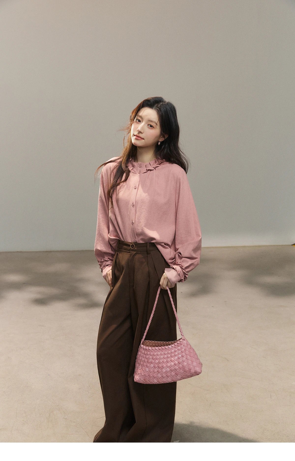 MISHOW Women's Peach Skin Solid Shirt 2026 Spring Ruffled Crew Neck Single-breasted Tops Casual Long Sleeve Shirts MXF11C2431