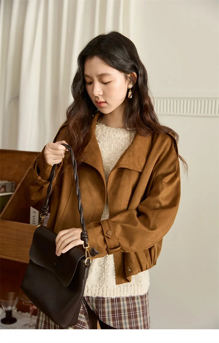 MISHOW Vintage Suede Short Jacket Brown Lapel Zipper MXE45W0869