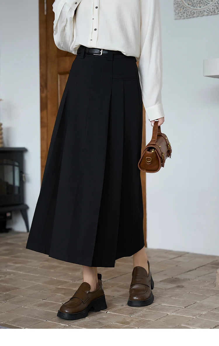 MISHOW Women's Midi Skirt 2023 Autumn Academy Pleated Commuter A-LINE Pockets Solid Split Back Hem Mid-Calf Skirts MXC42B0118