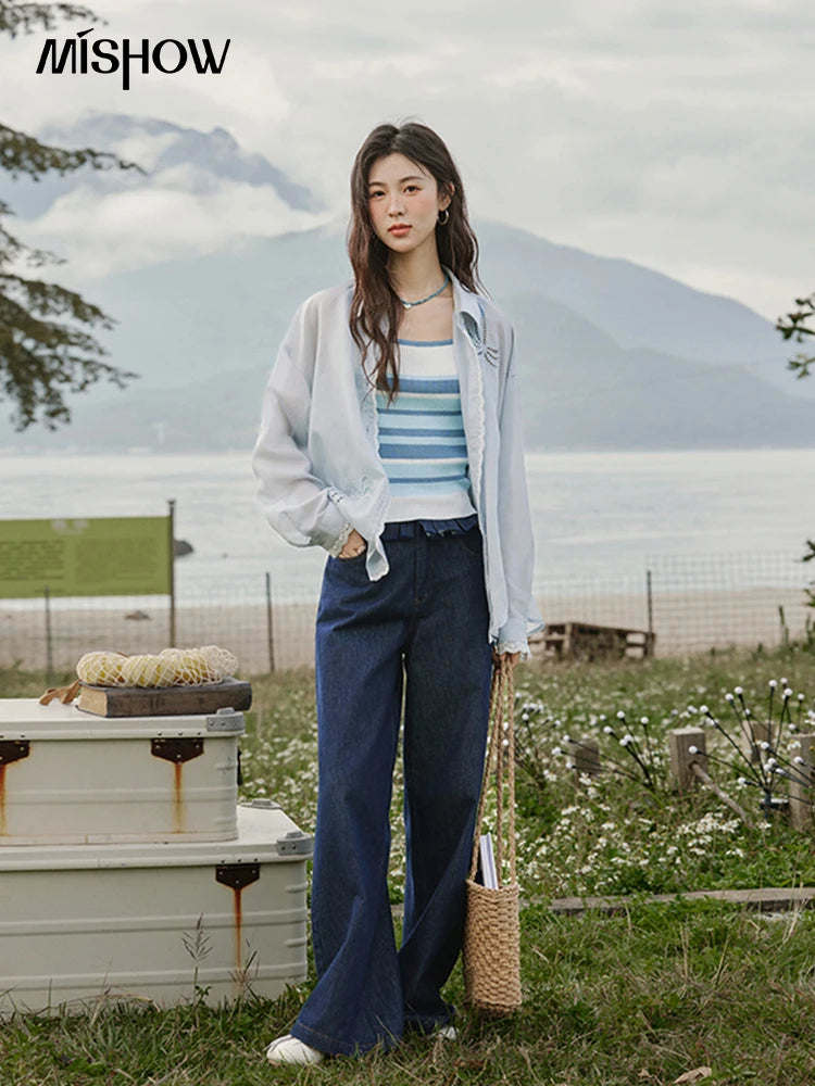 MISHOW Blue Office Lady Shirts Women 2025 Summer New Round Neck Long Sleeve Hollow Embroidery Blouses Female Fashion MXE31C0775