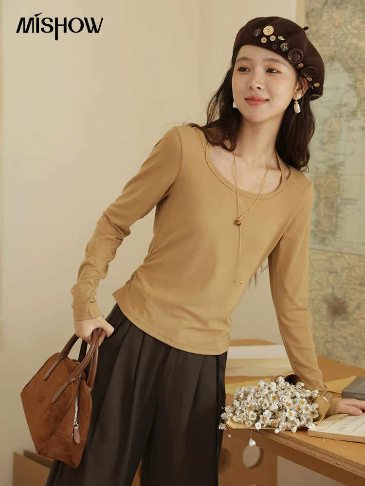 MISHOW Elastic Knitted T-shirts for Women Autumn 2025 Hanging Neck Strap Tees Pleated Waist Slim Long Sleeved Top MXE42T0720