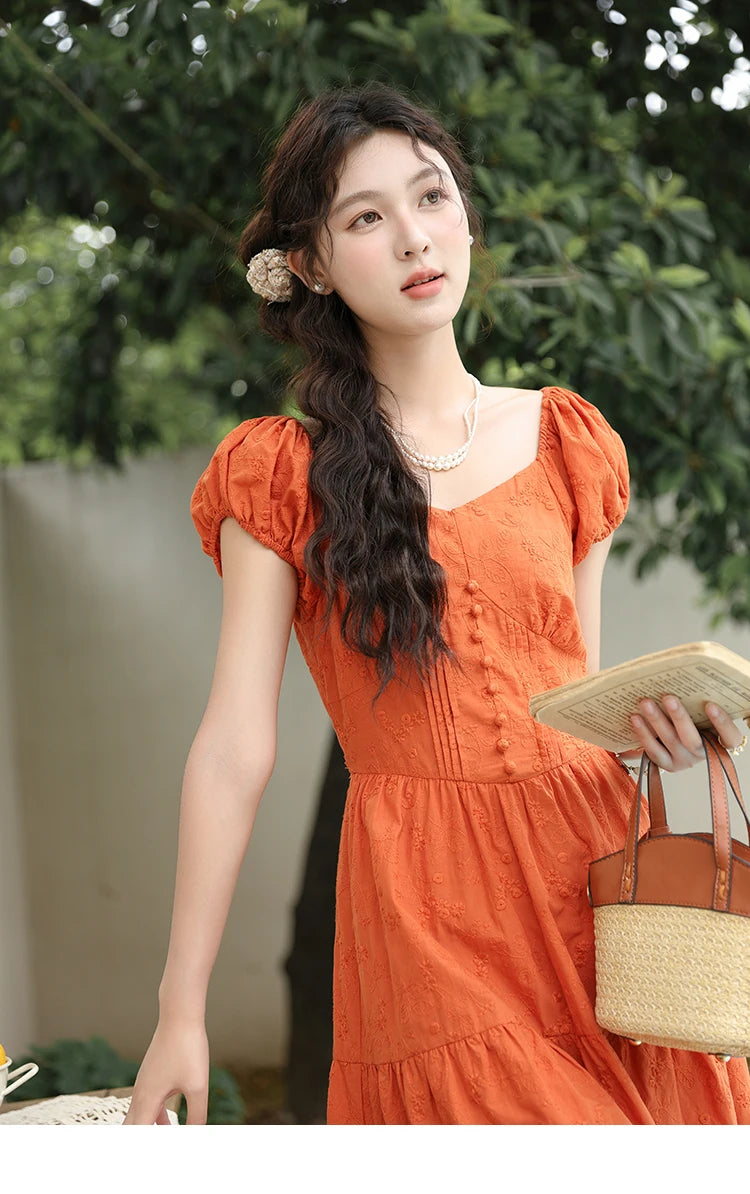 MISHOW 100 Cotton Orange Embroidered French Dress Women 2024 Summer V Neck Mid Length Dress Solid Loose A-line Dress MXD29L1931