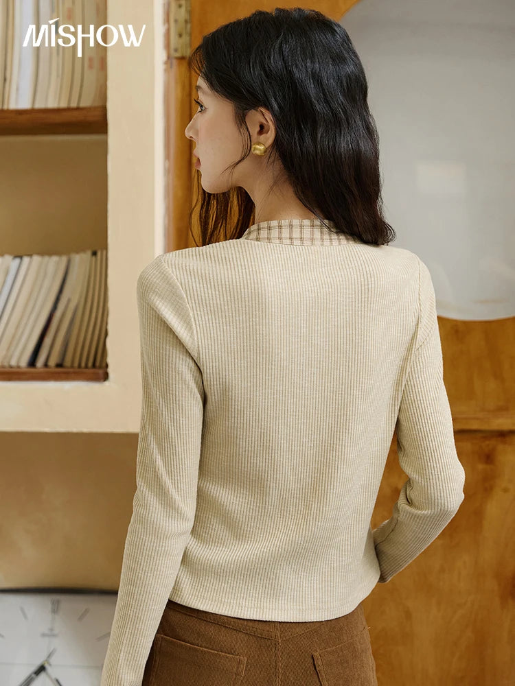 MISHOW Yellow Cardigan Women 2025 Autumn Vintage Plaid Bowknot V-neck Long-sleeve Knitted Top Commute Slim Sweater MXE16Z1168