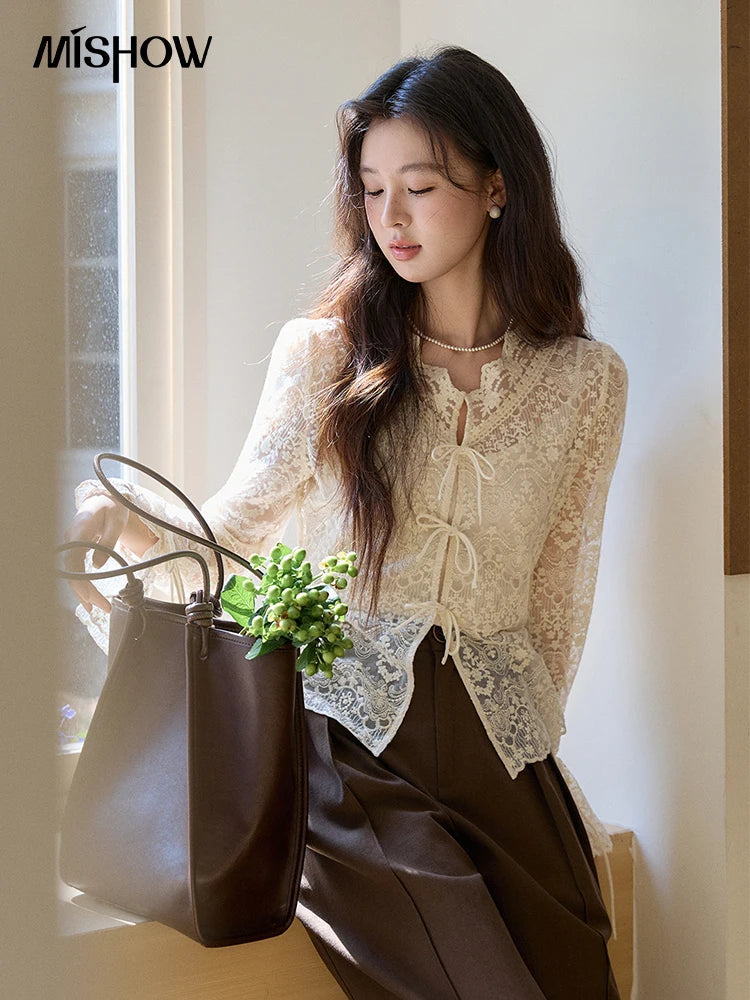 MISHOW Women's Sweet Lace Top Camisole Set Spring Tie Front Flare Sleeve Sheer Casual Elegant Two-Piece Knitwear MXF108X1001