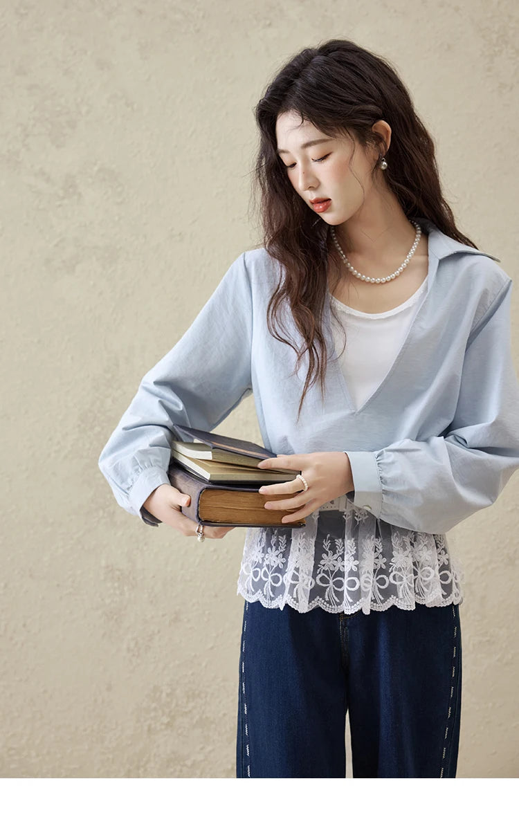 MISHOW French Spring Shirts Women 2025 Long Sleeve Turn-down Collar Fake Two-piece Blouses Female Splicing Lace Tops MXE16C0783