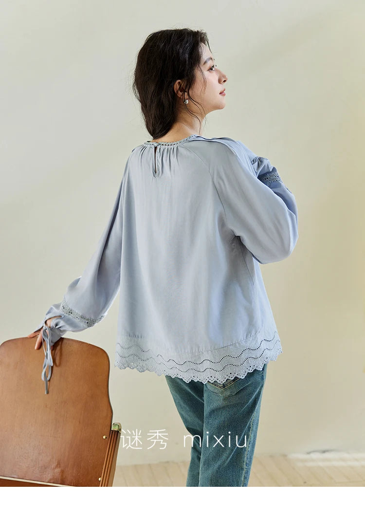 MISHOW Blue Lace Patchwork Shirt for Women 2025 Spring Sleeve Lace-up Hem Wave Edge Top Lantern Sleeve Loose Shirt MXE14X1716