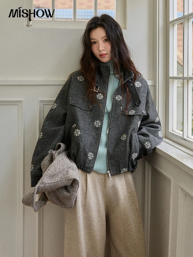MISHOW Women's Wool Blend Jacket 2025 Winter Retro Small Flower Embroidery Decorated Coat Turtleneck  Zipper Jacket MXE86W0906