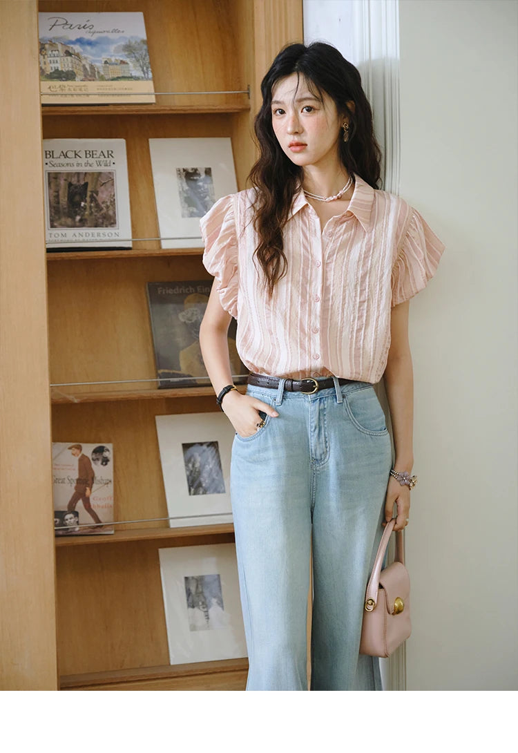 MISHOW Pink Turn-down Collar Flower Bud Sleeve Shirt for Women 2025 Summer New Women's Clothing Button Striped Shirt MXD24C0204