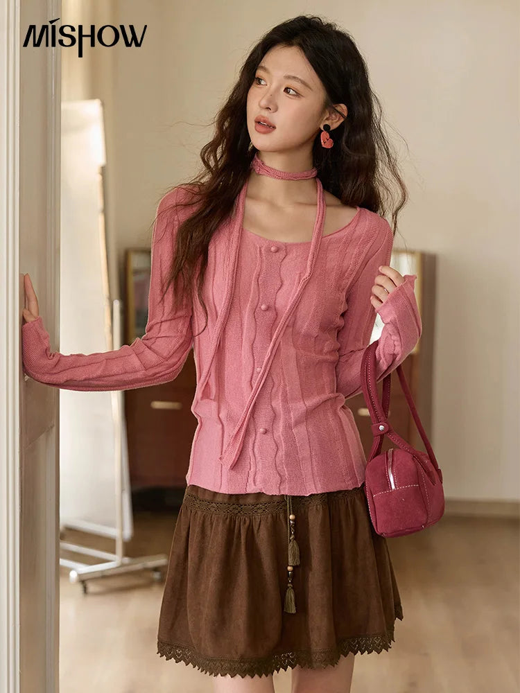 MISHOW Women's Wool Blend Knitted Top 2025 Autumn French Slim Scoop Neck with Draped Tie Soft Solid Pullover Top MXE42Z1322