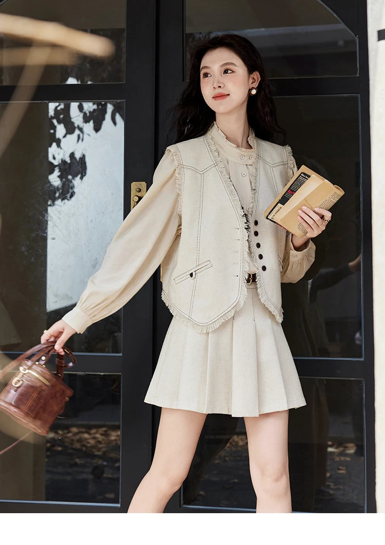 Mishow French Apricot Stand Collar Shirt & Pleated Mini Skirt Set MXD48C0365