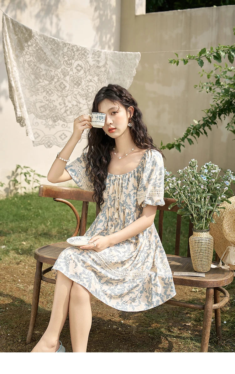 MISHOW French Floral Printing Dress for Women 2024 Summer Vacation U Neck Lace-up Bubble Sleeve Loose Doll Dresses MXD27L1898