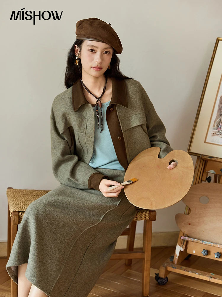 MISHOW Wool Woolen Coat for Women 2025 Autumn Contrasting Suede Patchwork Retro Short Top Lapel Loose Warm Coats MXE46W0844