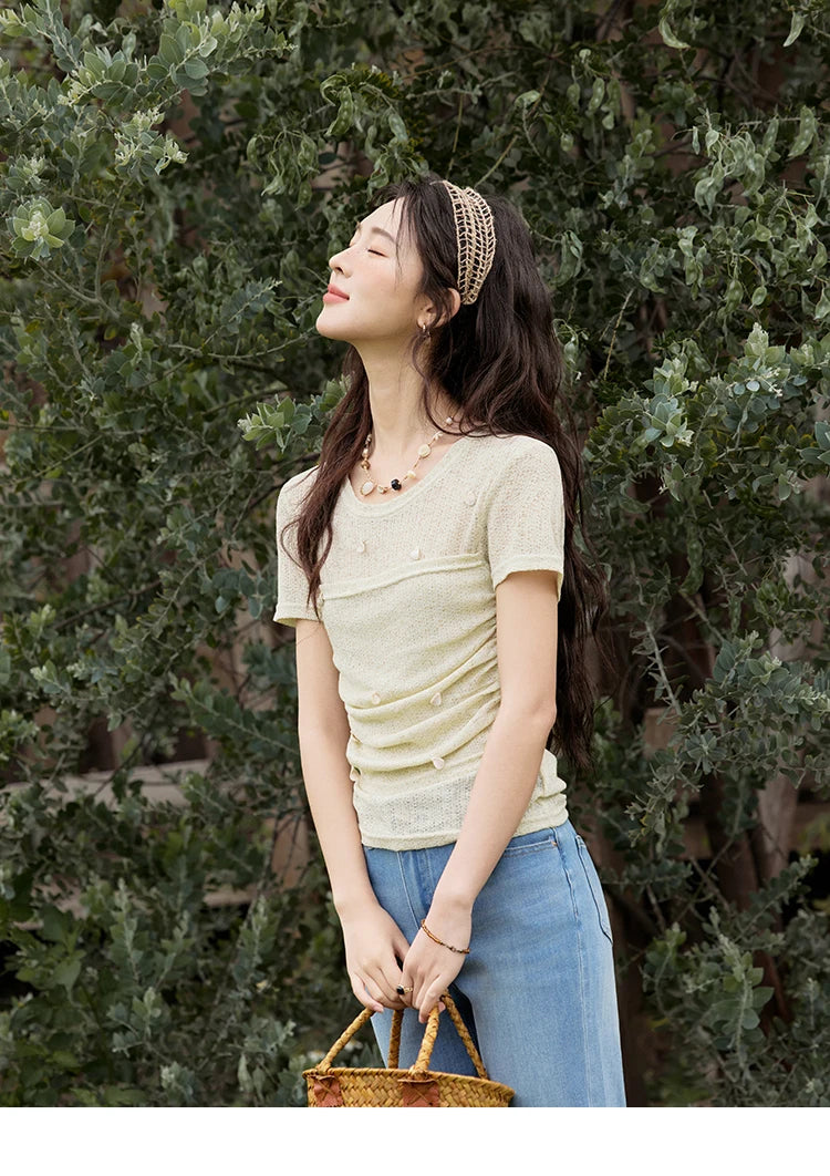 MISHOW Solid Office Lady Summer Shirts for Women 2025 New Short Sleeve Round Neck Knitted T-shirt Female Fashion Slim MXE32Z1232