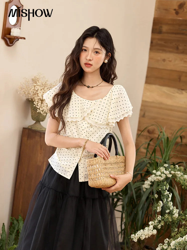 MISHOW Women's Apricot Polka Dot Shirt 2025 Summer French Ruffle Edge Patchwork Lace Shirts Short Sleeved Slim Top MXE34X1783