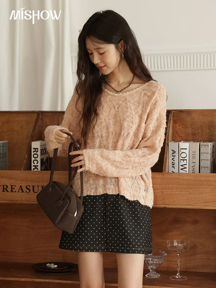 MISHOW Bamboo Loop Yarn Knitted Sweater for Women Autumn 2025 Hollow V-neck Lace Sweater Casual Solid Pullovers Tops MXE43Z1349