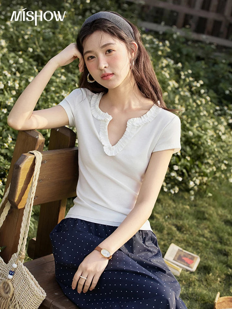MISHOW Casual Summer T-shirts Women New 2025 Short Sleeve V-neck  Solid Straight Shoulder Slimming Shirt Female Thin MXE35T0562