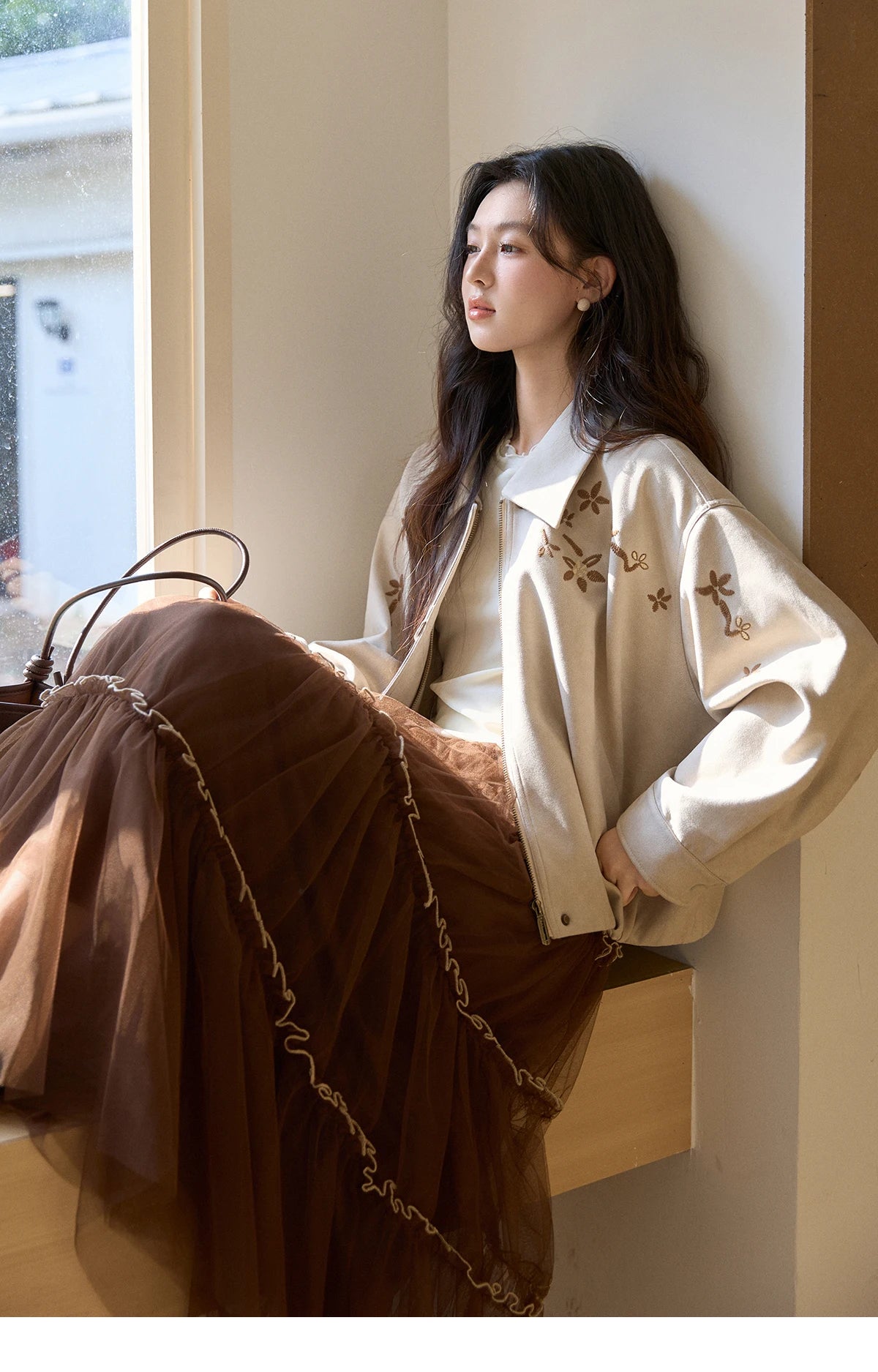 MISHOW Women's Imitation Suede Jacket2026 Spring Floral Embroidery Lapel Zipper Coats Long Sleeve Casual Outerwear MXF11W1027