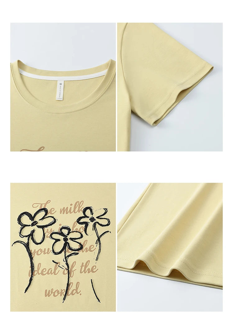 MISHOW Casual Print T-shirts Women Summer 2025 Short Sleeve Round Neck Embroidered Flower Shirt Female Loose Slimming MXE33T0498