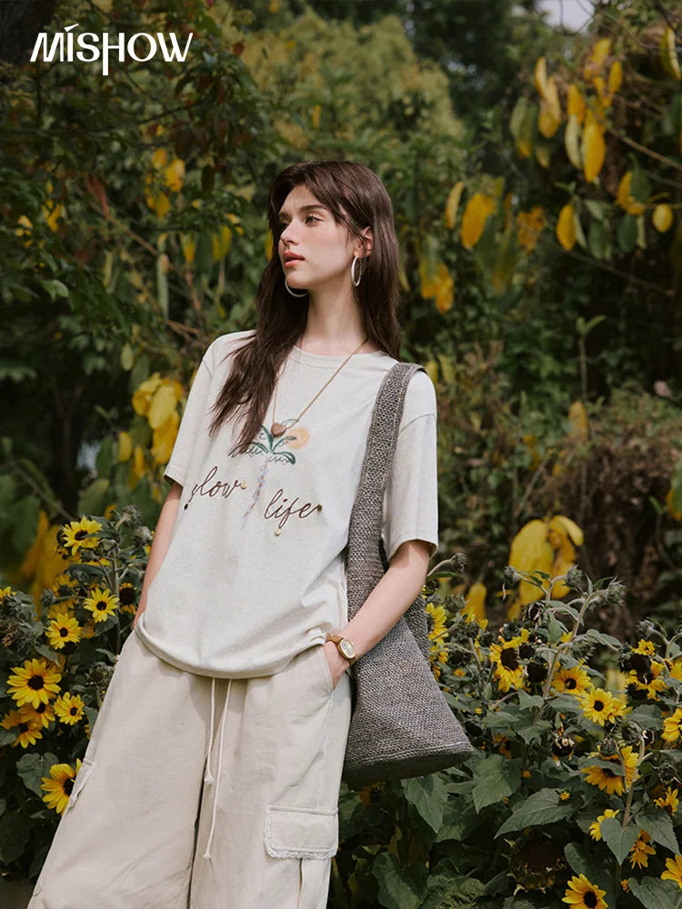 MISHOW Casual Summer Print Shirts Women 2025 Short Sleeve Round Neck Coconut Tree Straight T-shirts Woman Versatile MXE31T0520