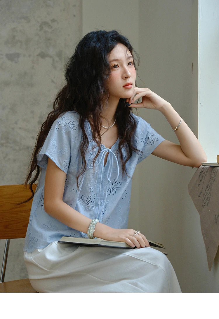 MISHOW Cotton Shirt O-Neck Button Lace Up Hollow Embroidery MXE37X1890