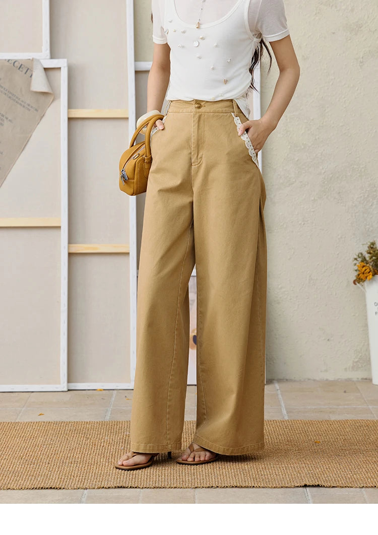 MISHOW 100Cotton Khaki Lace Patchwork Wide Leg Pants for Summer 2025 High Waist Straight Leg Trousers Commuting Pants MXE34K0925