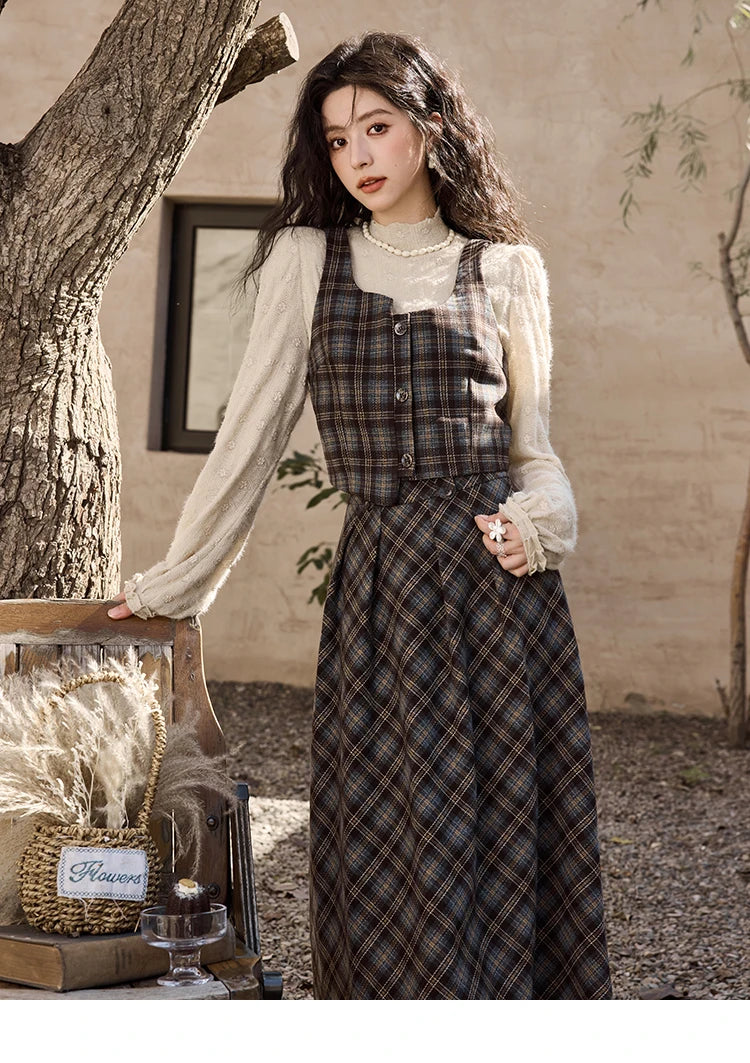 MISHOW Blue Plaid Vest Retro Skirt Separately Women 2024 Winter Retro Plaid Irregular Square Collar Top Midi Skirt MXD44W0454