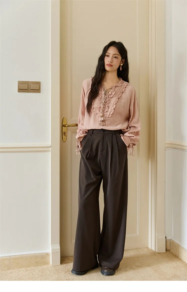 MISHOW Women's Pink Blouse 2025 Autumn Elegant Fold Edge V-collar Bubble Sleeve Top Loose Casual Commute  Blouses MXE45X2485