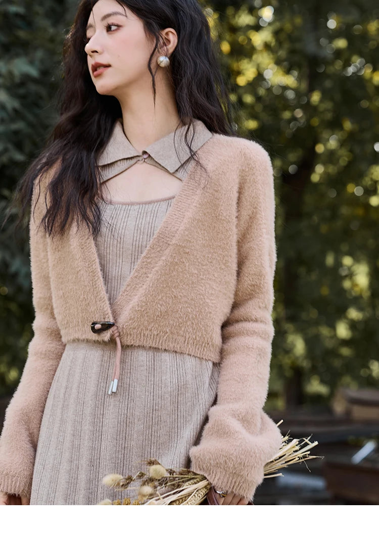 MISHOW Women’s Sweater Top Dress Separately 2024 Fall Winter Fashion Imitation Mink Fur Sweet Coat Knitted Dress MXD45L2043