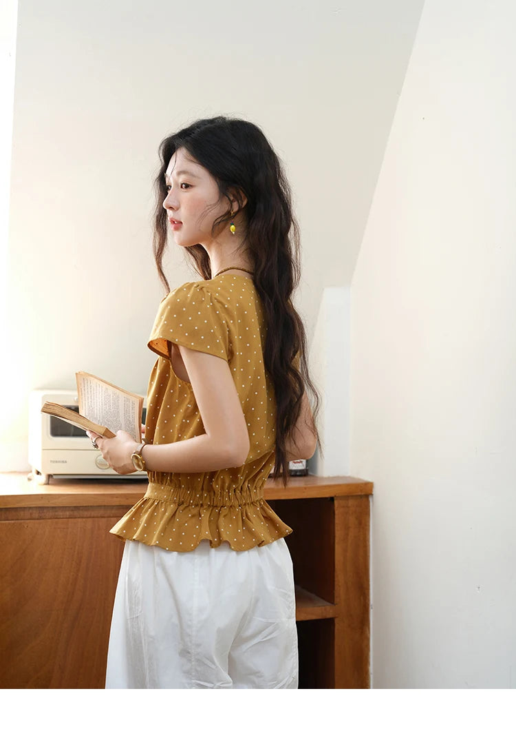 MISHOW Women's V-neck Lace Splicing Blouse 2025 Summer New Ladies Fashion Polka Dot Hollow Ruffle Button Female Top MXE38X1847