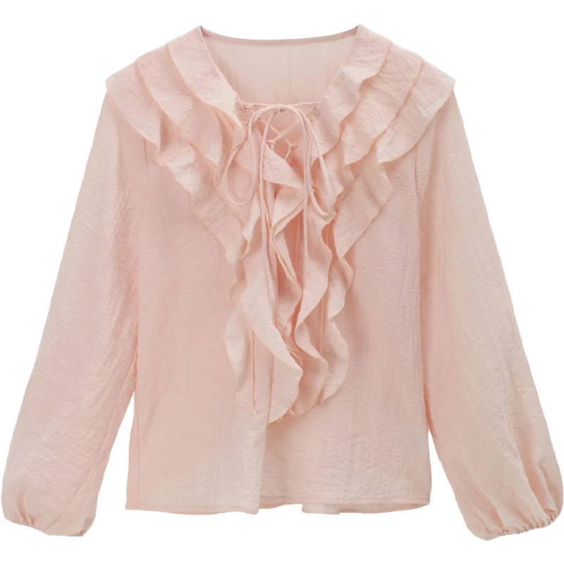 MISHOW Pink Ruffled Blouse for Woman 2025 Autumn New Elegant Sweet V-neck Lace-up Design Shirt Lantern Sleeves Top MXE49X2504